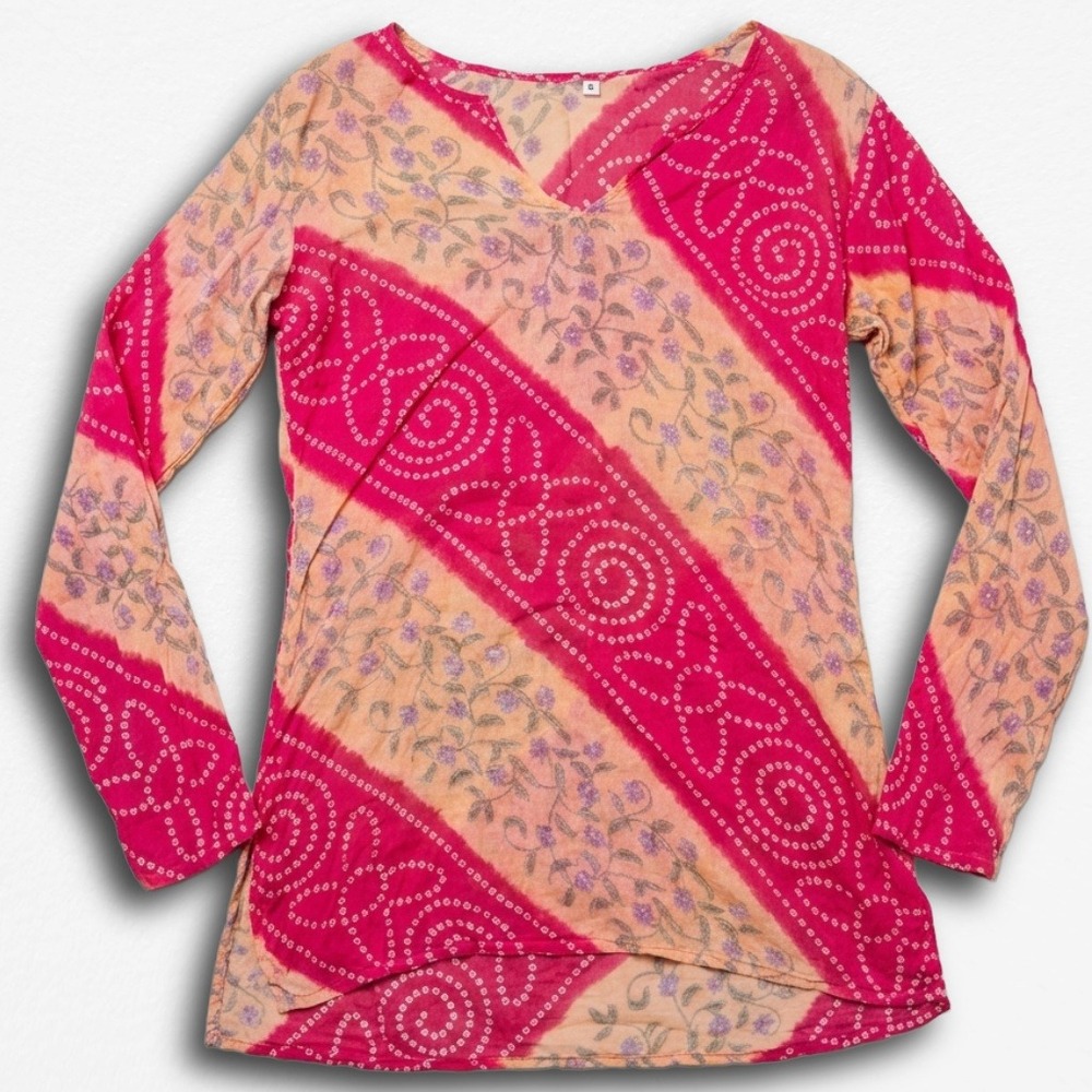 Unbranded Pink Peach Floral Gauze Tunic Blouse Long Sleeve V-Neck Small